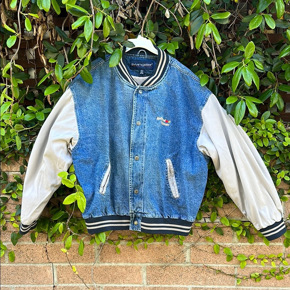 Vintage Denim Varsity Jacket with Embroidered Logo